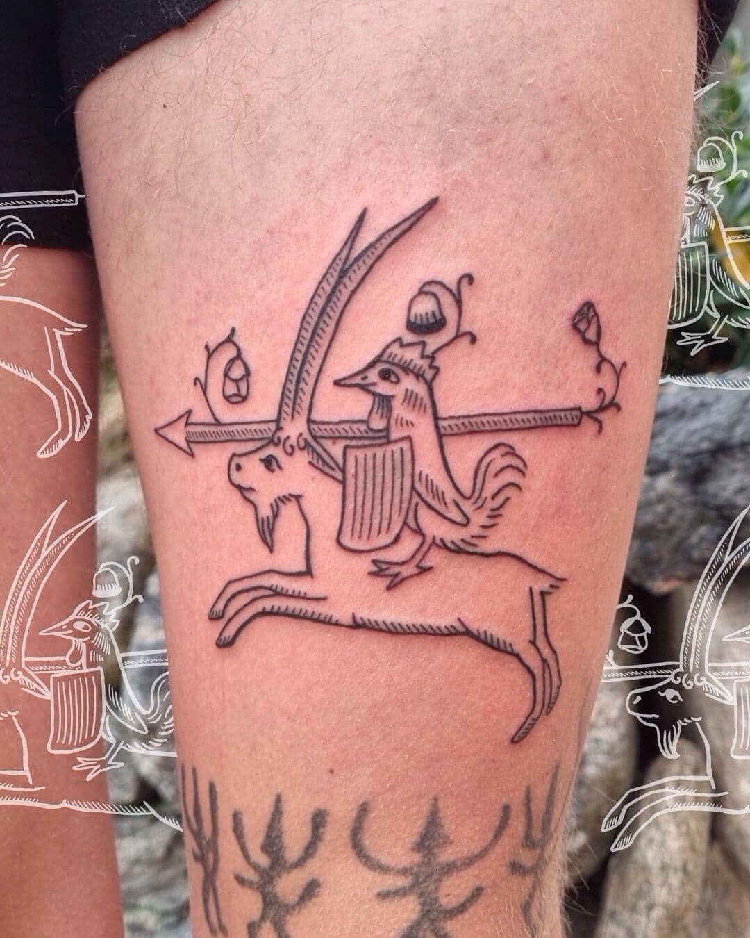 en tatuering av Medeltida motiv av en sagofigur ridandes på en get